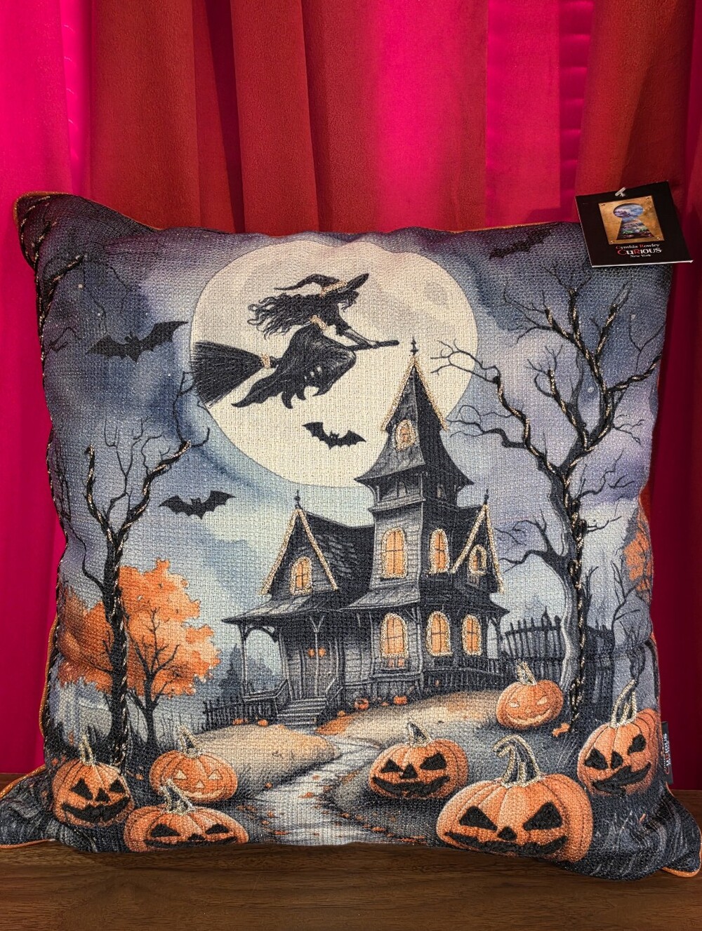 Cynthia Rowley Haunted House with Witch & Pumpkins Decorative Pillow NWT
